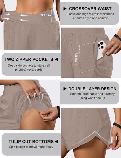 Women's High Waisted Workout Shorts - Crossover Athletic Running Shorts with Zipper Pockets | Comfortable Fit