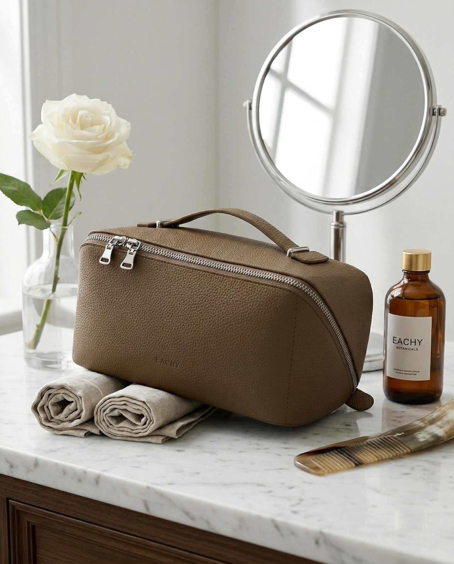 EACHY Travel Makeup Bag, Lychee Leather Large Capacity Cosmetic Bag for Women, Open Flat Toiletry Bag with TPU Brush Compartment, Waterproof Skincare Organizer Travel Essentials