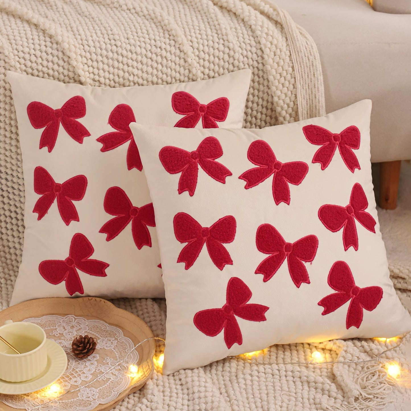 Tosleo Red Bows Pillow Covers 18 x 18 inch Set of 2 Velvet Embroidery Throw Pillow Cover Merry Xmas Party Decor Pillowcase Winter Holiday Cushion Case