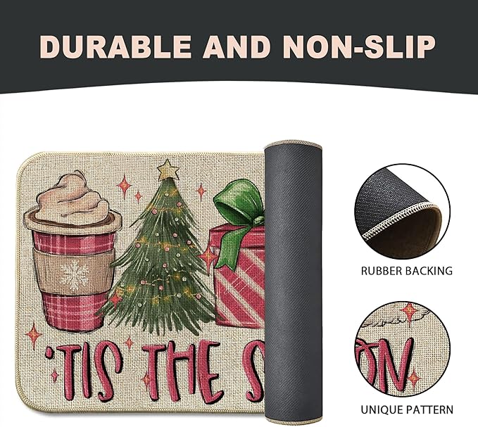 Christmas Hat Front Door Mat Indoor Outdoor Entrance 17x29, Tis The Season Xmas Winter Washable Non-Slip Rubber Pink Doormat Inside Outside Entrance, Welcome Floor Mat for Home Holiday Decor AH31