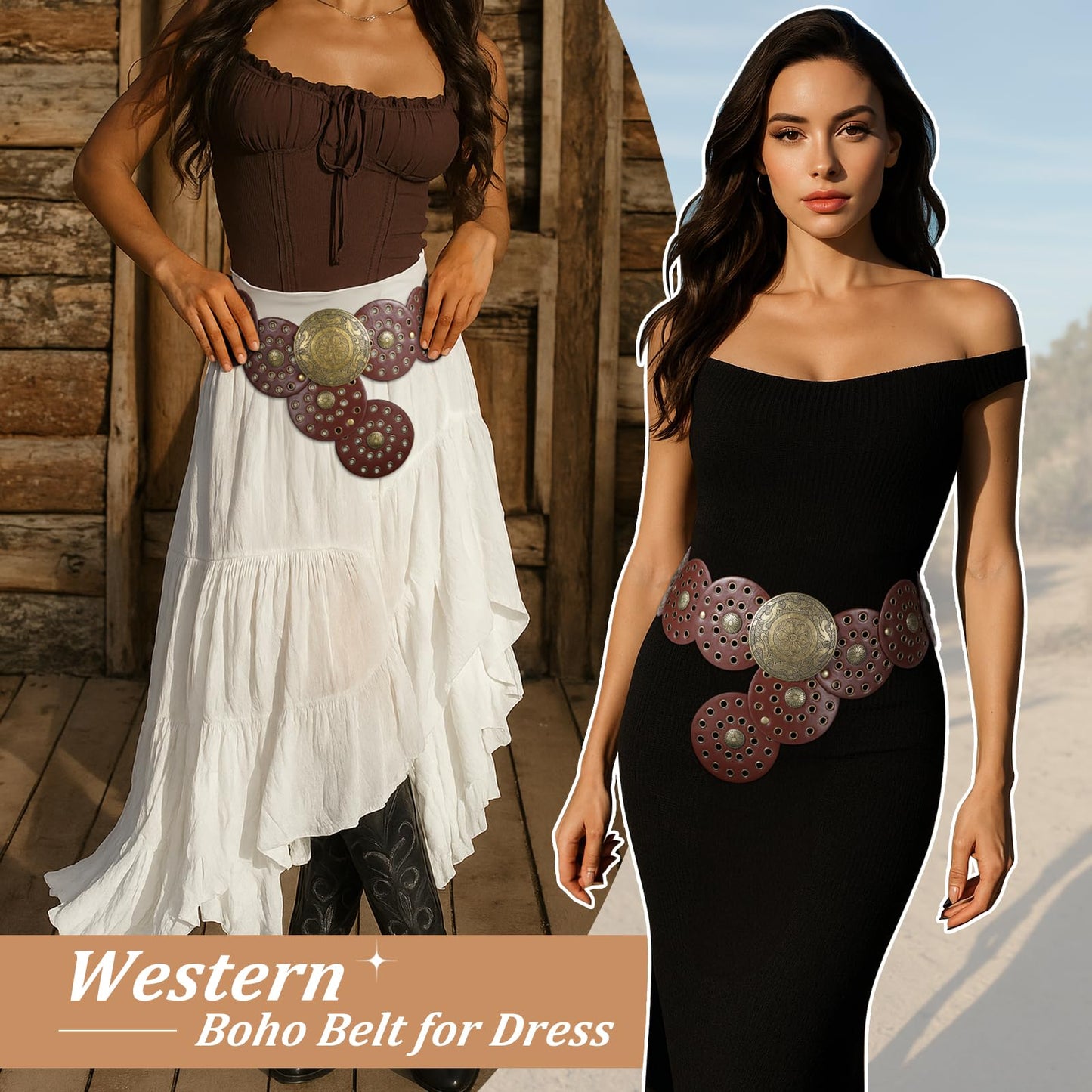 WERFORU Women Wide Western Disc Belt Cowgirl Boho Leather Belt for Jeans Dress