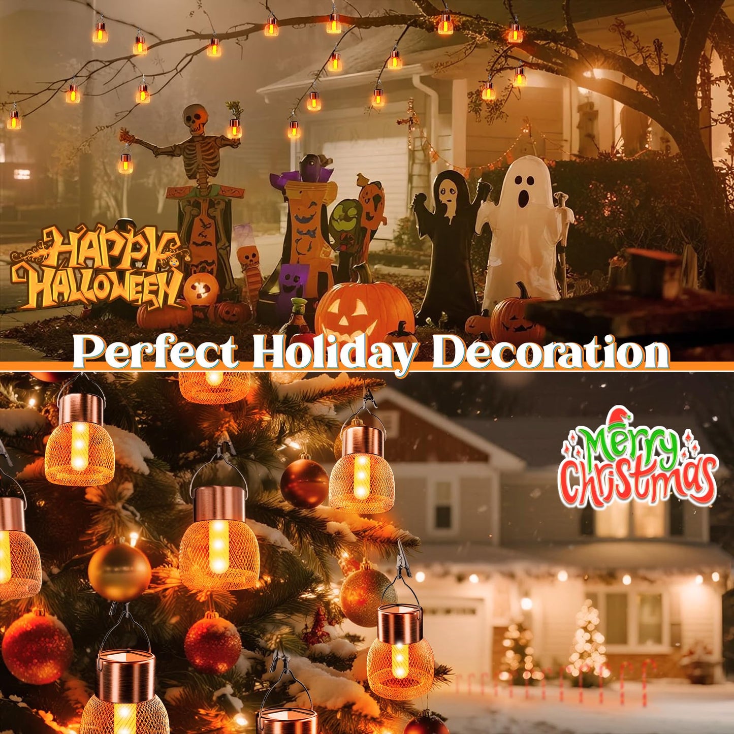 Anordsem Solar Hanging Lights Outdoor: 8 Metal Mesh Flame Lanterns with Clip - Waterproof LED Warm Lighting for Christmas Tree Yard Garden Decor - Xmas DIY Gift for Homeowners Camper
