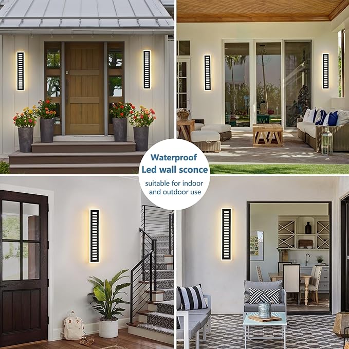 2-Pack Outdoor Wall Light LED 24W 23.6in Long - Black Metal Waterproof Modern Exterior Lighting Fixture,Frosted Acrylic Porch Sconce,for Patio,Garage,Courtyard (3000K-6000K)