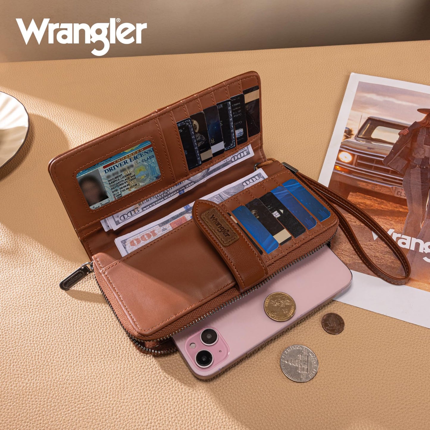 X Wrangler Brown Wallets for Women Wristlet Wallets, Card Cases & Money Organizers Large Capacity Bifold Clutch Phone Wallet Ladies Female Credit Card Cash Wallet with ID Window