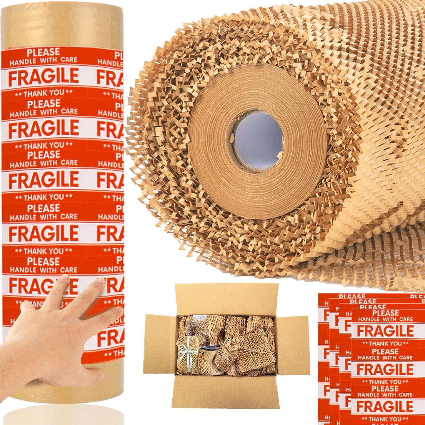 NAPALOOK Honeycomb Packing Paper Wrap 15''x328', Substitute Alternative for Bubble Cushioning Wrap for Moving Shipping Packaging, Recyclable Moving Supplies with 48 Fragile Sticker Labels