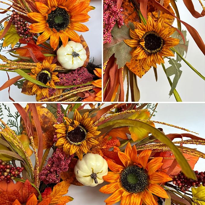 Jobflower Fall Wreaths for Front Door 24 Inch – Autumn Sunflower and Pumpkin Wreath for Halloween, Thanksgiving, Farmhouse Indoor Outdoor Wall or Porch Decor
