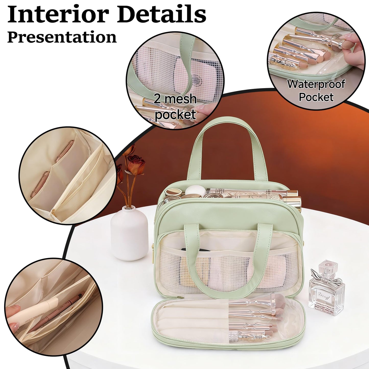 VISSUX Travel Makeup Bag for Women, Waterproof PU Leather Cosmetic Organizer with Handle, Large Capacity Toiletry Bag with Wide-Open & Multiple Compartments for Travel Accessories & Essentials (GREEN)