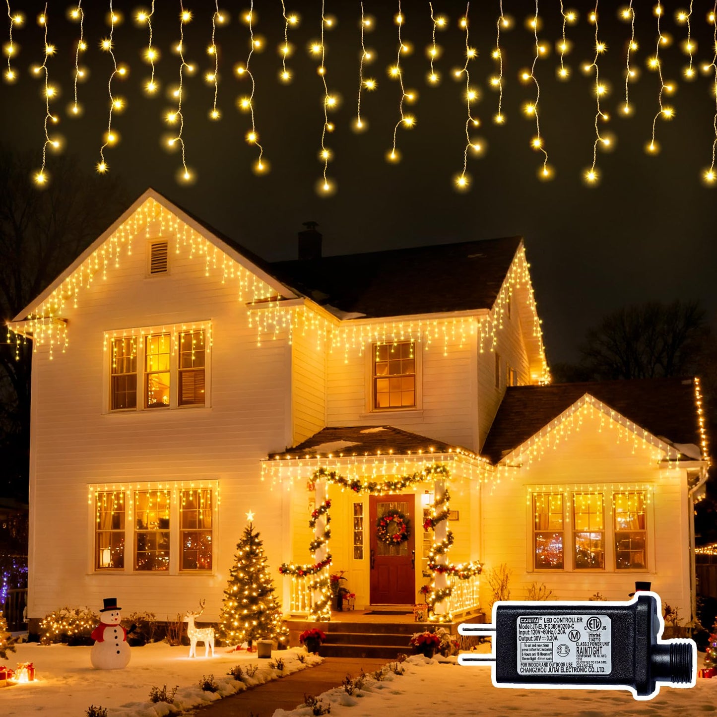 BYIZO Christmas Outdoor Icicle Lights - 200 LED 21+16 FT 8 Modes Curtain Fairy String Light Plug in, Waterproof for Eaves Yard Holiday Xmas Holiday Indoor Outdoor Decoration - Warm White