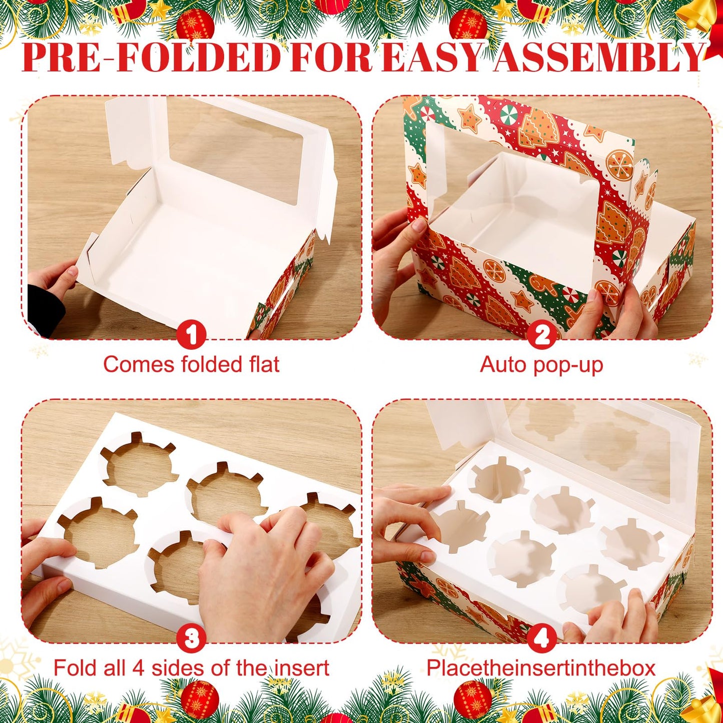 Widecook 30 Pack Christmas Cupcake Boxes 6 Count 9.5"x6.1"x3" Gingerbread Cookie Containers Carrier with Insert Trays Window and Stickers for Cup Cake Bakery Pastry Candy Packaging Holiday Party