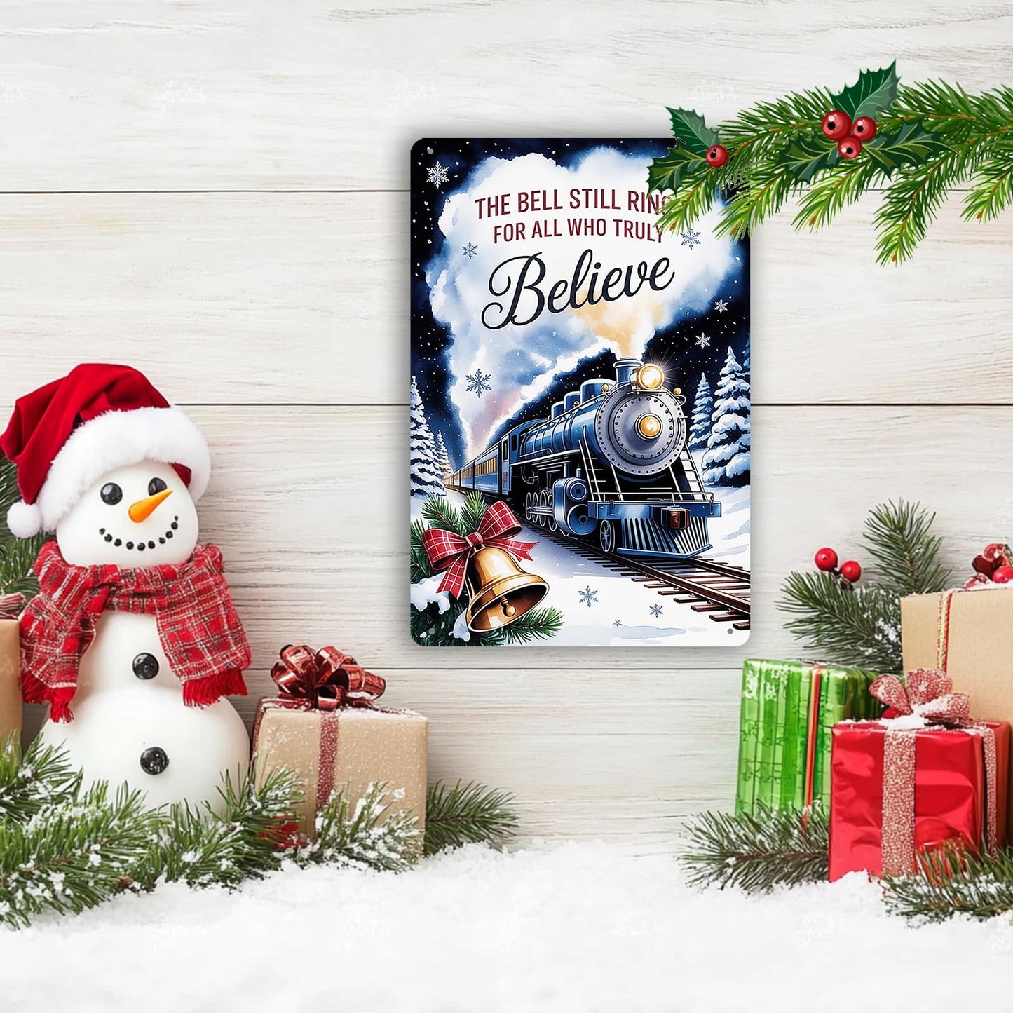Polar Express The Bell Still Rings for All Who Truly Believe Metal Sign Christmas Train Depot Decor for Entryway Living Room Holiday Quote Wall Art Display 8x12 inch