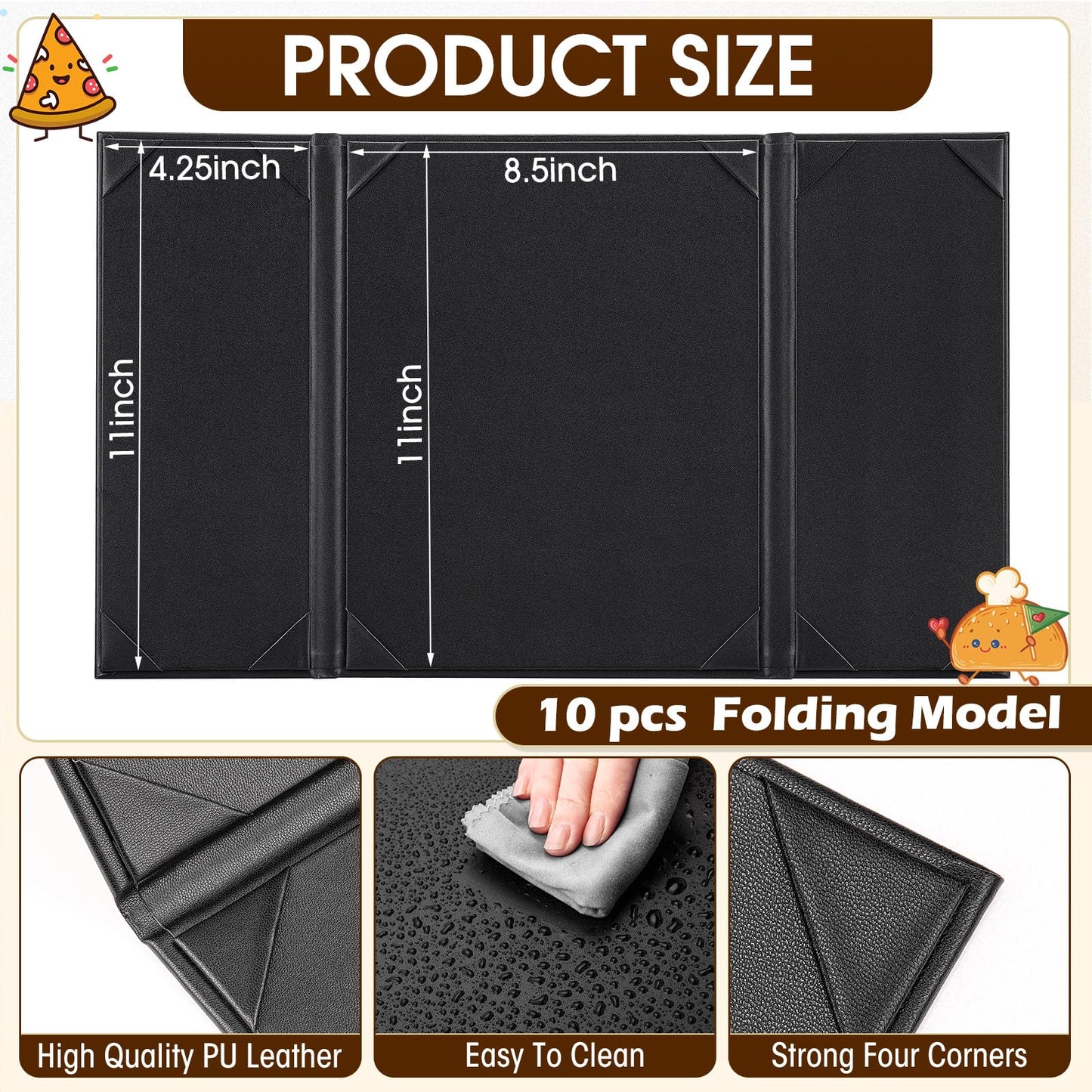 Jexine 10 Pcs Folding Model Menu Covers Holders for 8.5 x 11 Inch and 4.25 x 11 Inch, Waterproof Restaurant Black Leather Menu Covers Holders for Wine List, Drinks, Cafes, Bar, Hotel