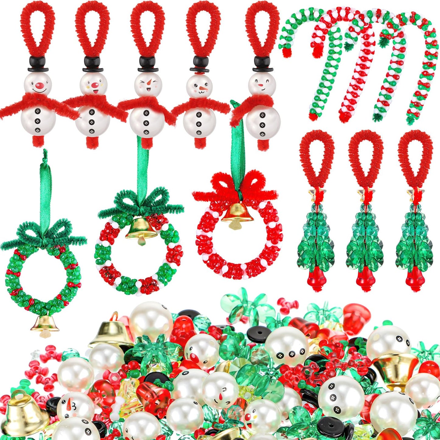 Yuxung 120 Sets Christmas Crafts for Adults Beaded Ornament Kit Including 30 Snowmen 30 Christmas Trees 30 Wreaths 30 Candy Canes for Xmas Tree Christmas Party DIY Decorations (Assembly Needed)