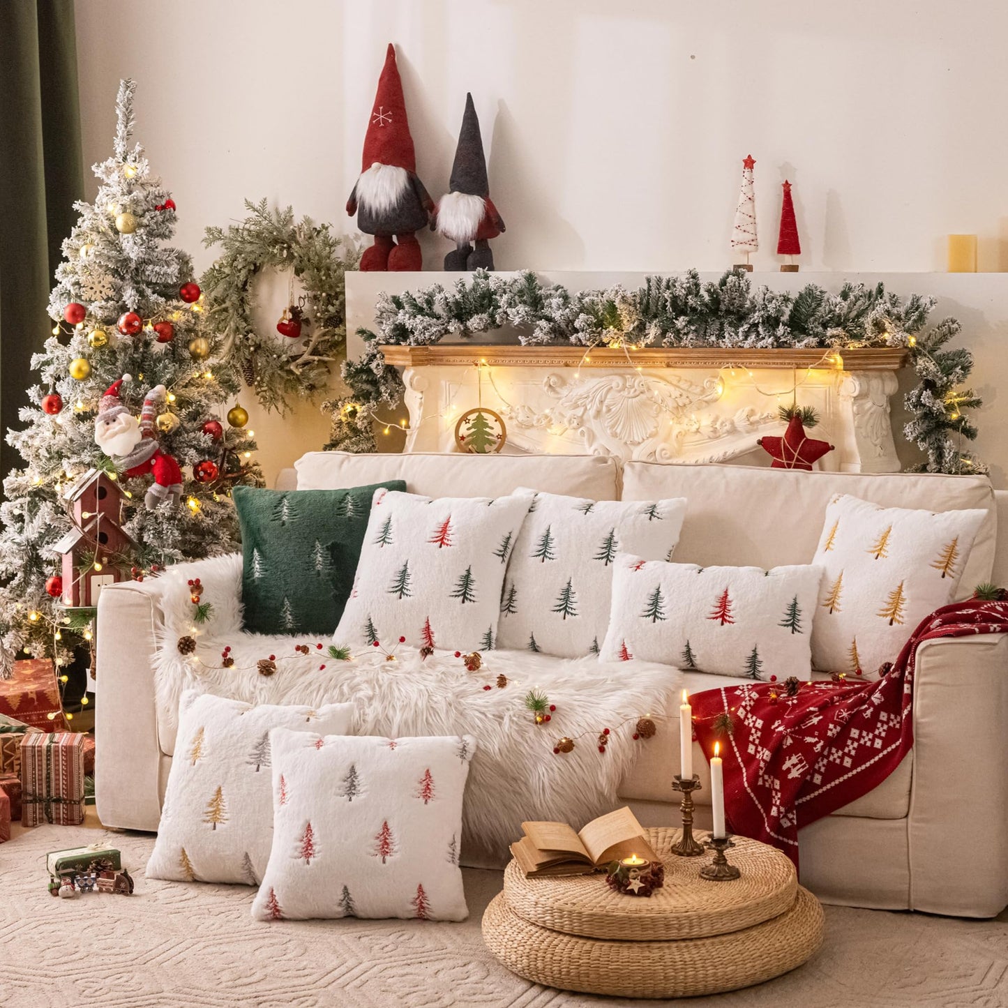 AQOTHES Christmas Tree Green Throw Pillow Covers 18x18, Soft Faux Fur Embroidered Throw Pillows for Couch Sofa Cushion Covers Holiday Home Decor
