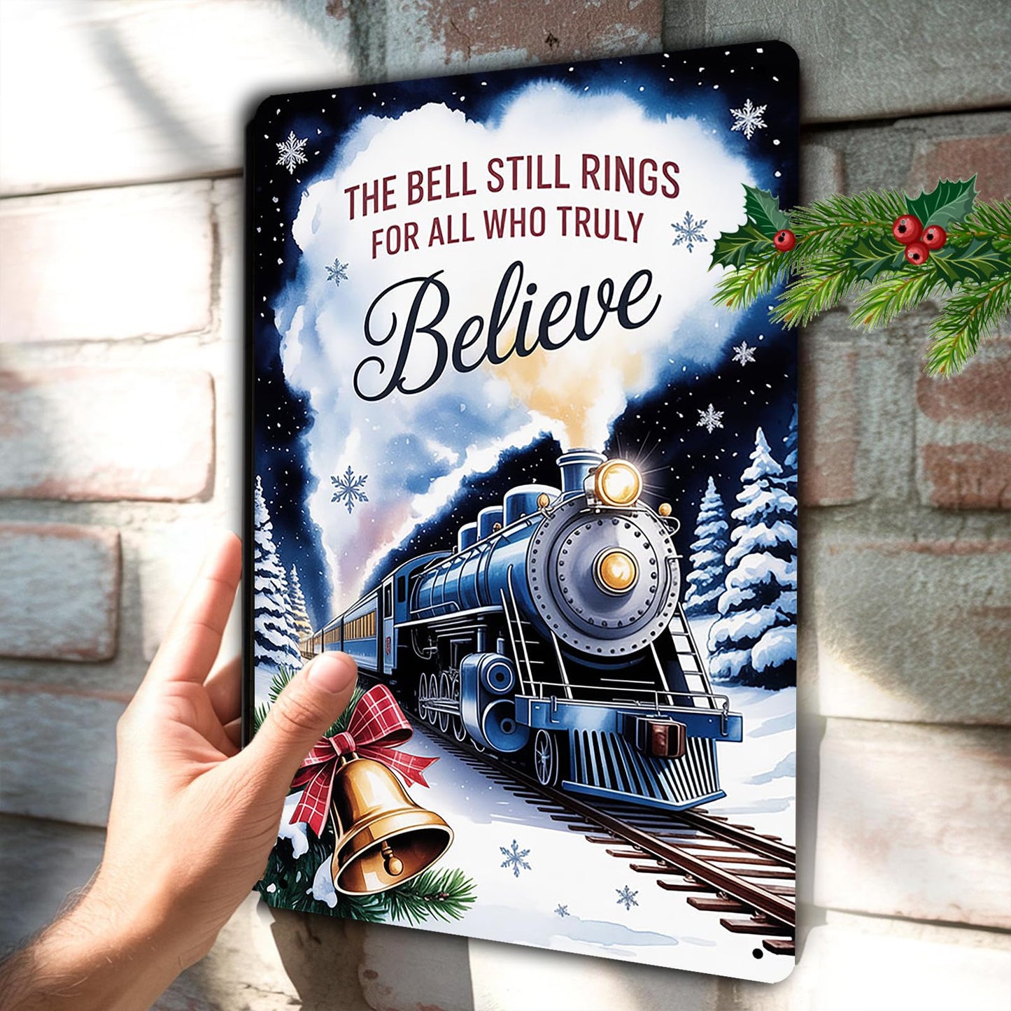 Polar Express The Bell Still Rings for All Who Truly Believe Metal Sign Christmas Train Depot Decor for Entryway Living Room Holiday Quote Wall Art Display 8x12 inch