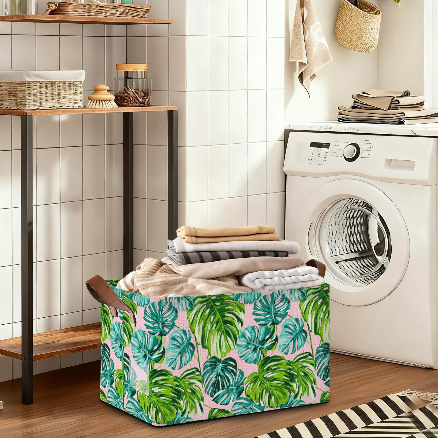 Oeaskly Palm leaves Storage Bins with Handles, Oxford Fabric Storage Basket with Sturdy Frame, Foldable Closet Organizer for Clothes Towels Blankets Shelf Storage