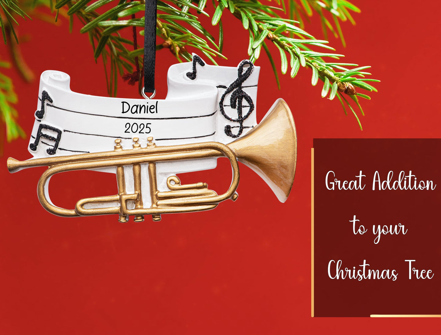 UniqXmas Personalized Trumpet Christmas Ornament 2026 | Musical Brass Instrument with Music Notes Xmas Tree Decoration - Unique Marching Band Trumpet Player Keepsake Gift | Custom Name & Year