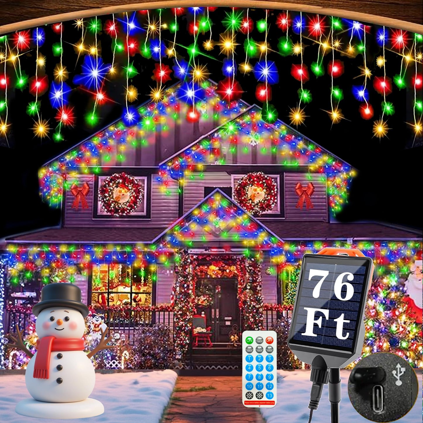 Aolupal Upgraded 640LED Solar Christmas Icicle Lights Outdoor Waterproof,60+16FT 13 Modes & USB Rechargeable Solar Powered Icicle Light for Roof House Yard Christmas Outdoor Decoration