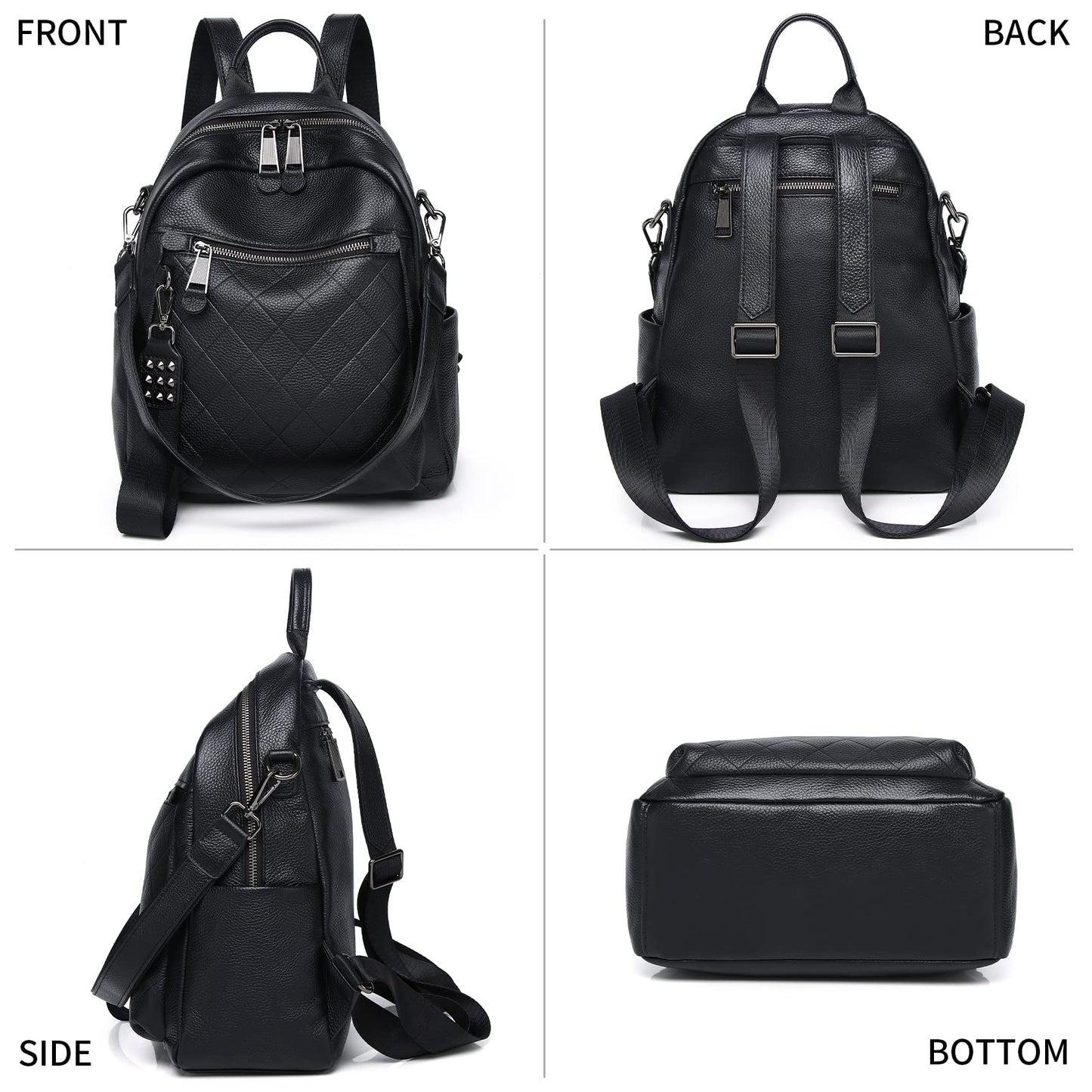 Wesccimo Genuine Leather Backpack Purse For Women Black Quilted Real Soft Leather Fashion Designer Convertible Ladies Shoulder Bag