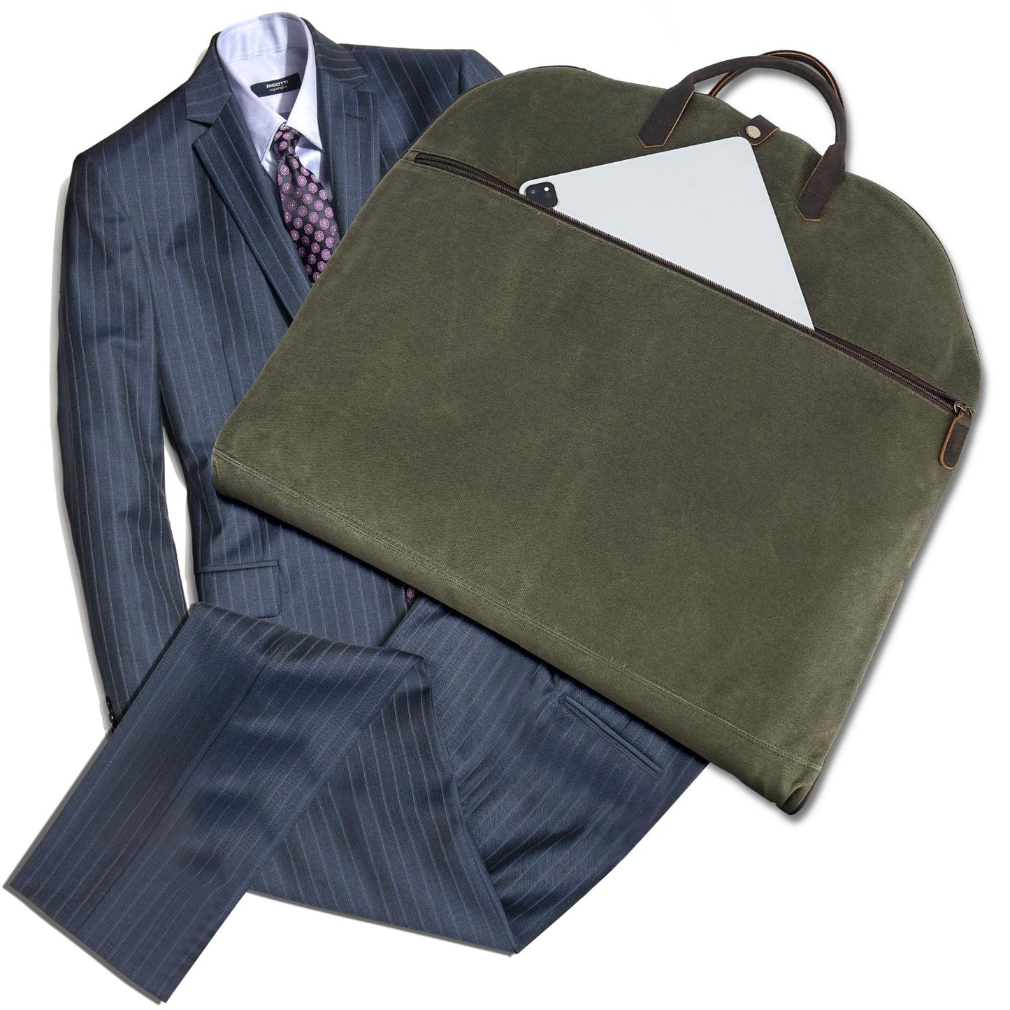 Polare 43” Waxed Canvas Full Grain Leather Trim Carry On Garment Bag for Travel, Waterproof Dust-Proof Foldable Hanging Suitcase Weekender Garment Cover with YKK Zipper (Army Green)