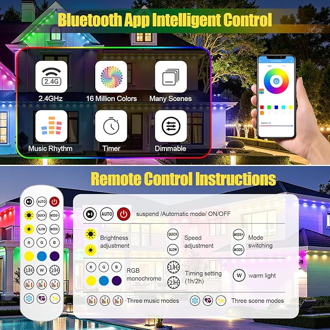Permanent Outdoor Lights, 200ft RGB+IC Smart LED Eaves Lights, IP67 Waterproof Outdoor Decor with App/Remote Control for Halloween, Christmas, Holiday, Daily, Party