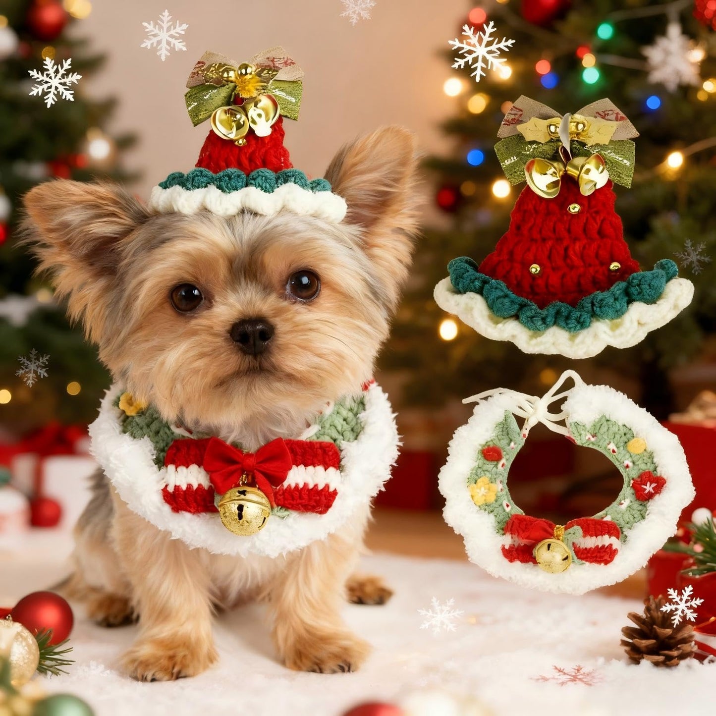MITOCAPY Christmas Dog Costume, Handmade Cat Holiday Outfit with Christmas Tree Hat & Wreath Scarf Set, Adjustable,Lightweight & Breathable,Pet Accessories for Rabbits Xmas Party & Photos