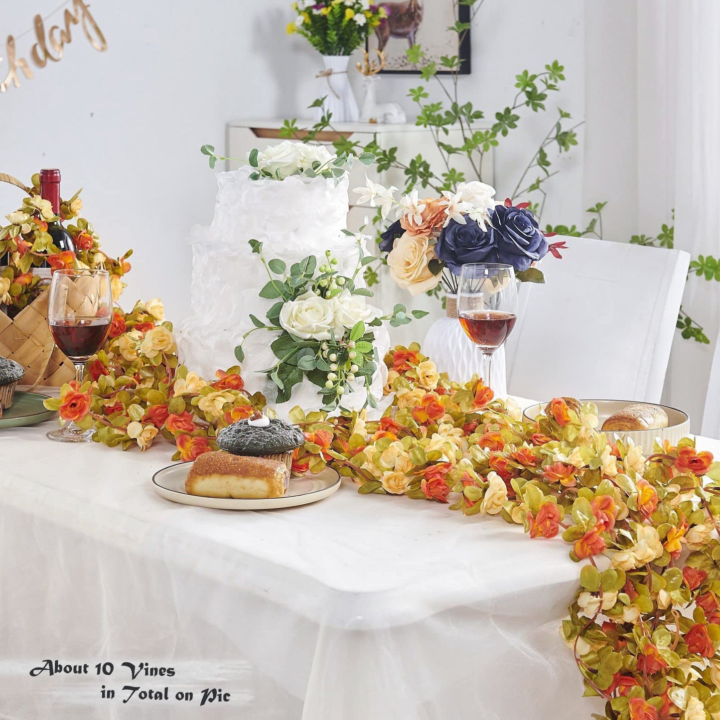 PONKING 8 Pcs x 8.2 ft Flower Garland Artificial Rose Vine Flowers with Green Leaves Hanging Fake Roses Vine for Room Party Home Wedding Birthday Christmas Wall Arch Decor, Fall Champagne Flower