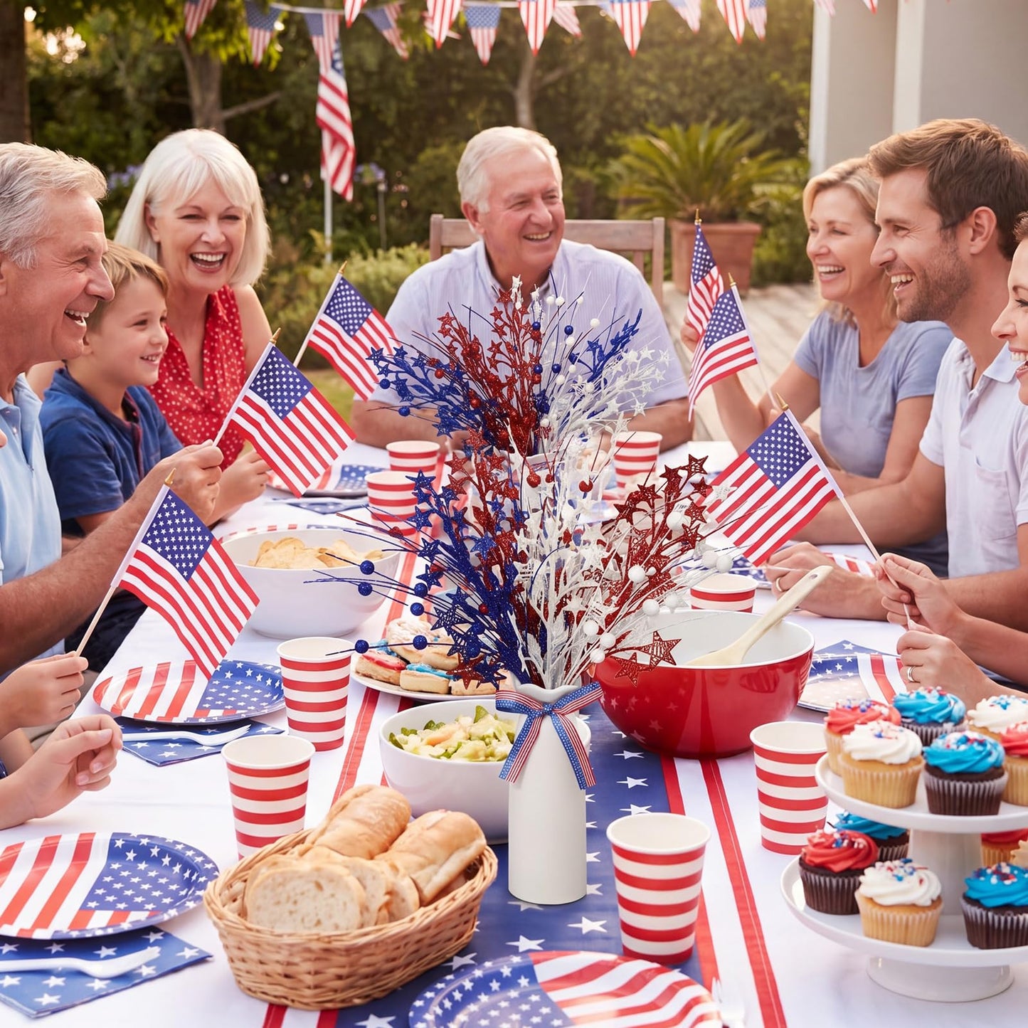 Weysat 4th of July Decorations 2 Sets Artificial Flowers and Vase Red Blue White Patriotic Flowers Memorial Day Floral Arrangement for 250th Anniversary Home Outdoor Table Decor(Star)