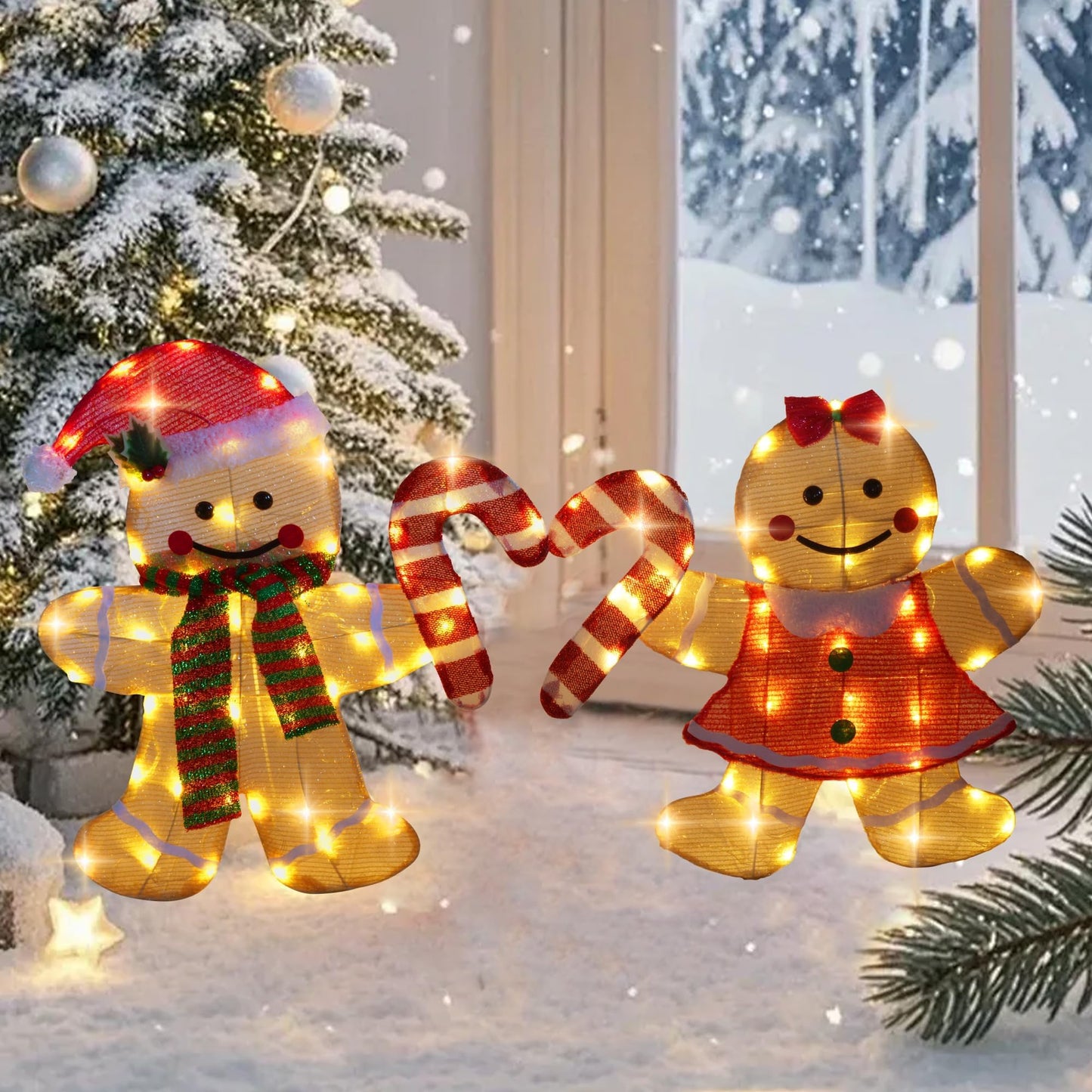 TW SHINE Christmas Outdoor Decorations Yard, Set of 2 Lighted 2D Gingerbread Man with 90 Warm White Lights, Light Up Gingerbread Man Couple for Xmas Holiday Front Garden Patio Lawn Display