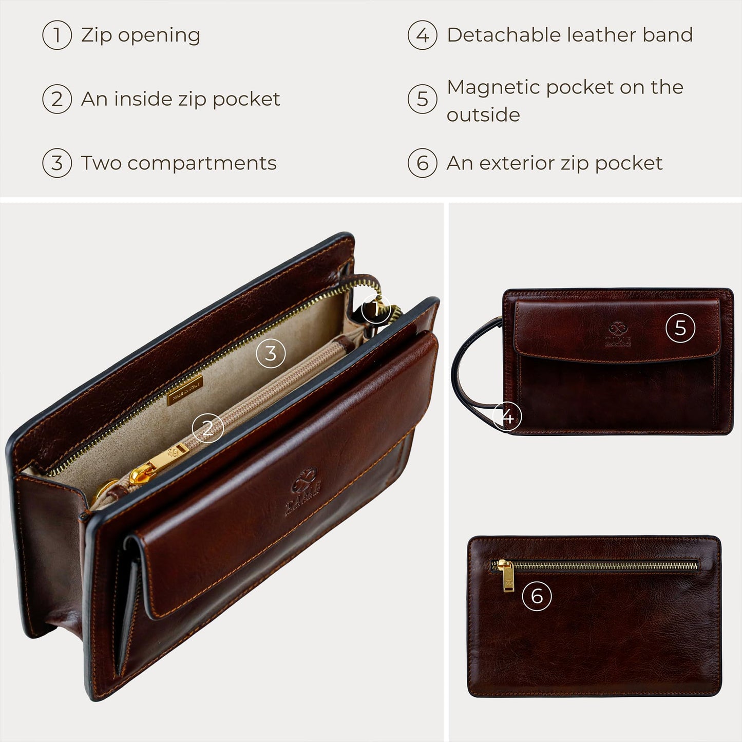 Time Resistance Leather Clutch for Men - Organizer Wrist Bag Briefcase - Handmade in Italy (Brown) - Gift Box Included