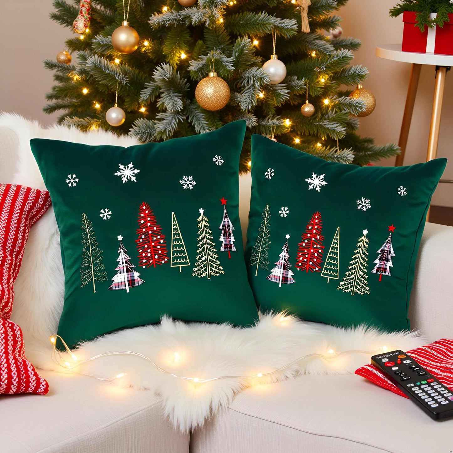 Tosleo Christmas Pillow Covers 18x18 Set of 2 Xmas Trees with Snowflake Embroidery Throw Pillow Covers Christmas Dec Velvet Pillowcases Forest Green Cushion Pillow Cases Soft Square Holiday Pillowcase