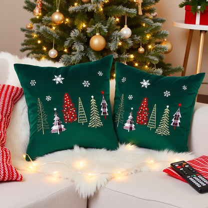 Tosleo Christmas Pillow Covers 18x18 Set of 2 Xmas Trees with Snowflake Embroidery Throw Pillow Covers Christmas Dec Velvet Pillowcases Forest Green Cushion Pillow Cases Soft Square Holiday Pillowcase