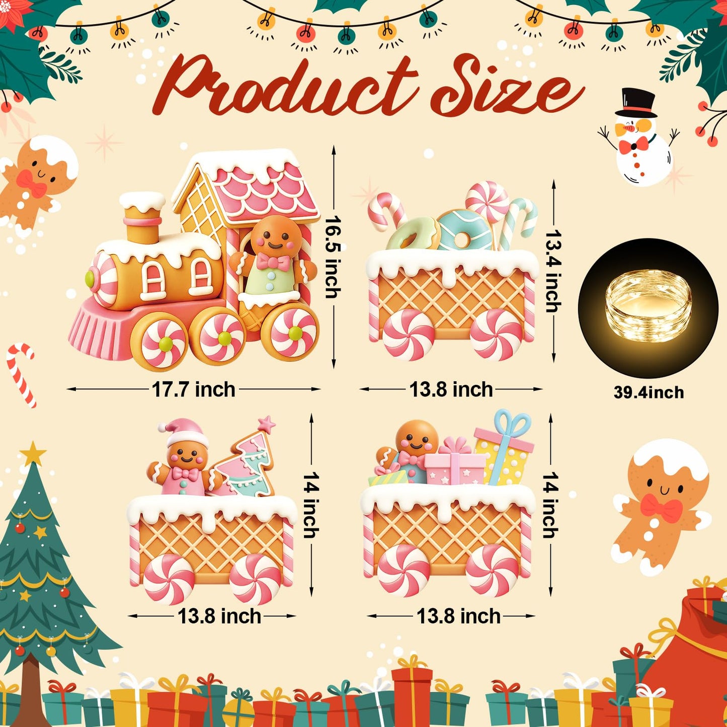 Marsui 4 Pcs Christmas Train Decoration Yard Sign with 4 LED Light Lawn Sign Christmas Pink Gingerbread Candy Gift Box Train Set with 8 Stake for Xmas Garden Outdoor Holiday Party Decor