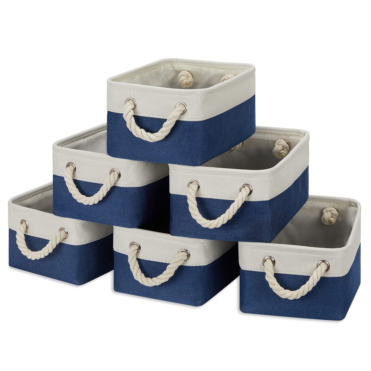Temary Small Storage Baskets for Shelves, 6 Pcs Empty Gift Baskets for Organizing Clothes, Books, Fabric Storage Bins with Rope Handles (White&Blue,11.8 L x 7.9 W x 5.3 H inches)