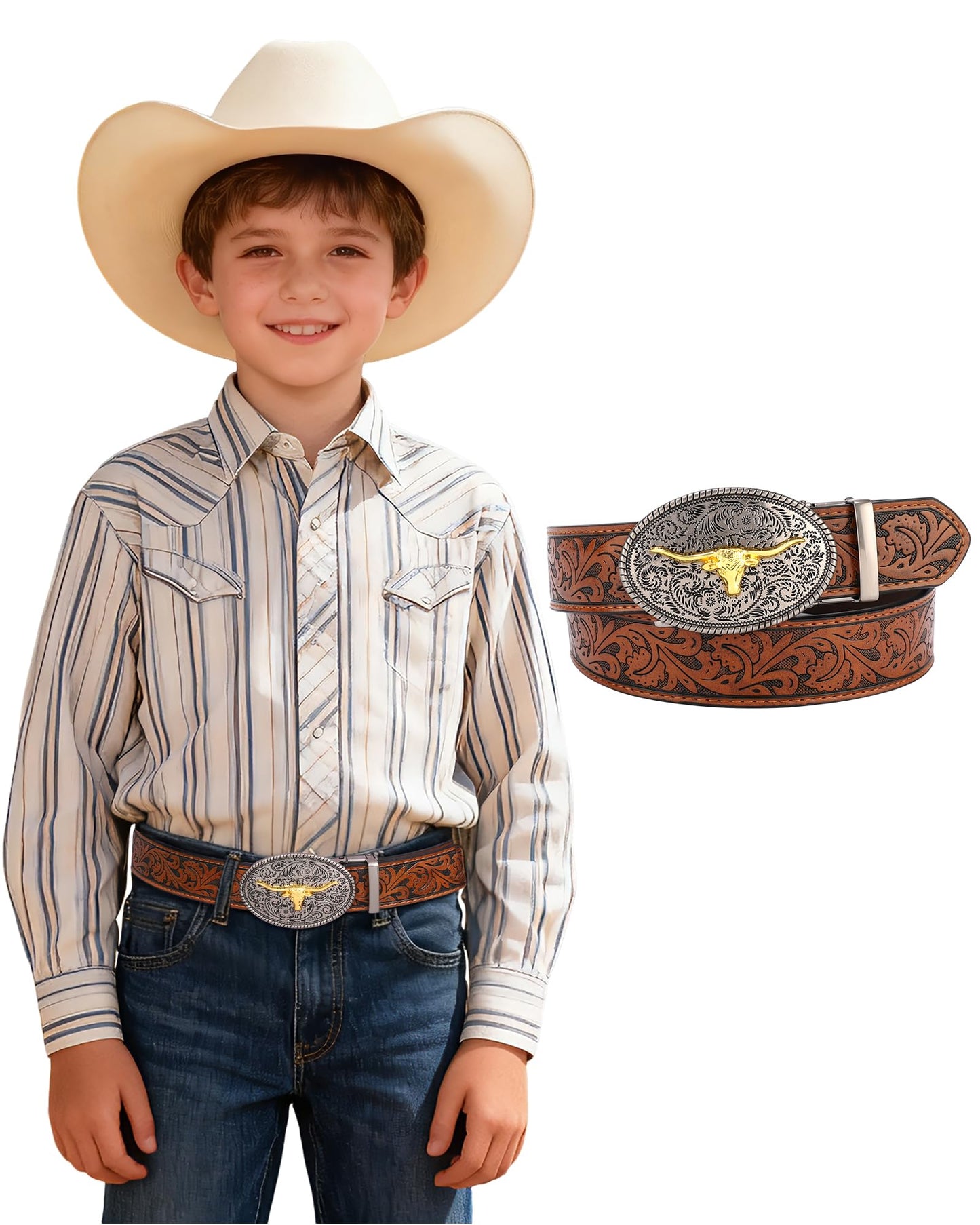 AWAYTR Kids Ratchet Western Belt - PU Leather Cowboy Belt Adjustable Toddler to Big Kid Sizes for Jeans (Gunmetal Gold Cow-Brown, Fit Waist: 23"-26")