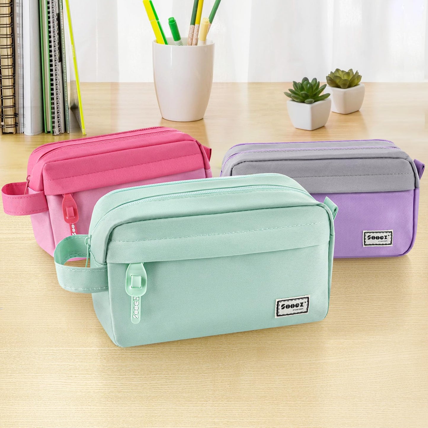 Sooez Original High Capacity Pencil Case, Big Pencil Bag Pouch Box Organizer Pen Case, Portable Journaling Supplies with Easy Grip Handle & Loop, Aesthetic Supply for Girls Adults, Mint Green