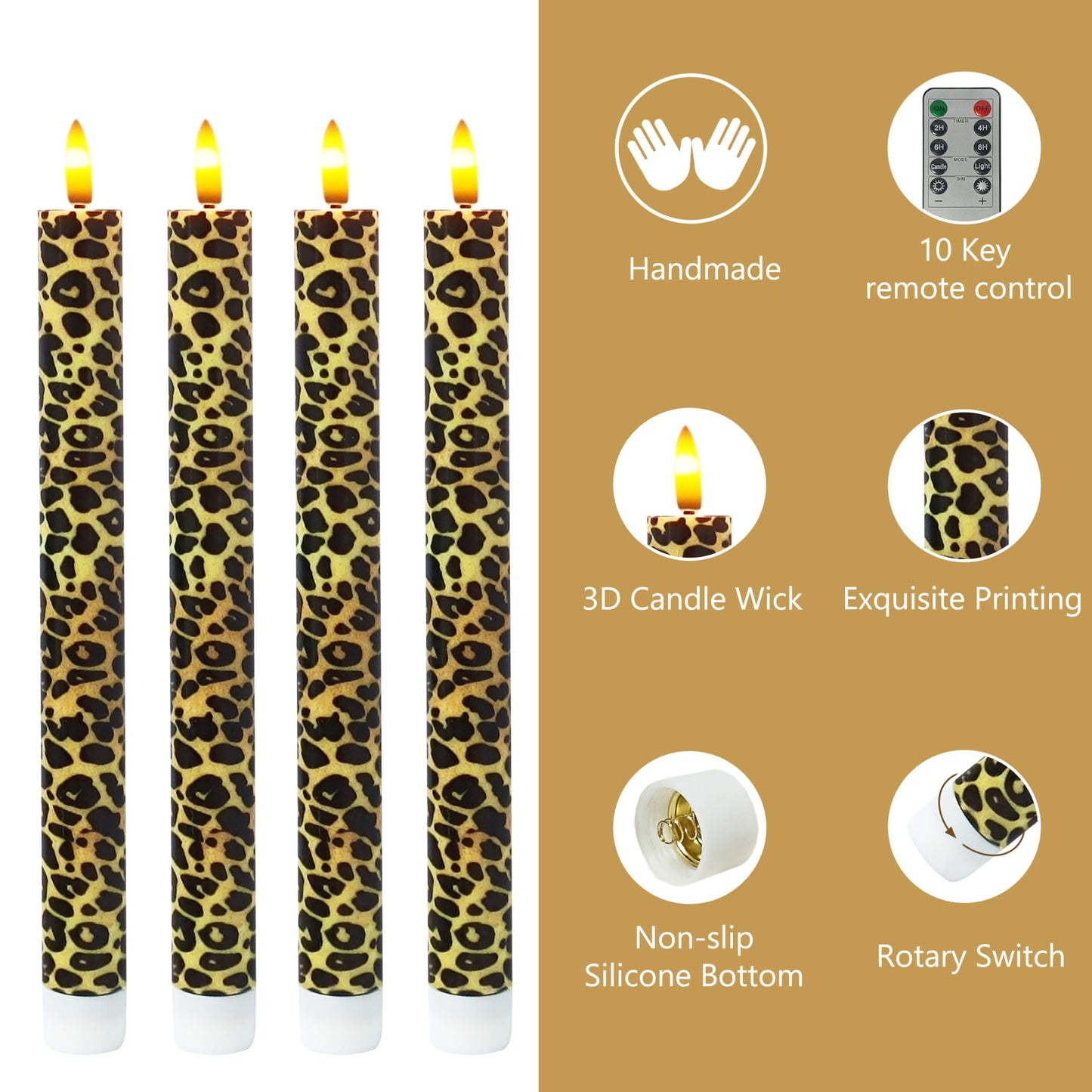 SEUCRWAX 10 Inch Flameless Taper Candles,LED Candlesticks Battery Operated with 10-Key Remote and Timer,4p Flame Lights for Wedding Decoration Party(Leopard)