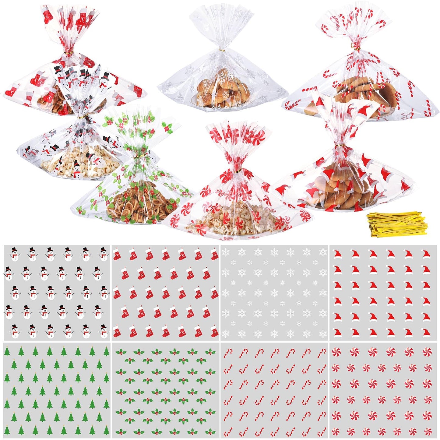 Yexiya 24 Pcs Christmas Cellophane Cookie Tray Bags 15" x 18" Clear Cello Serving Tray Bags with Twist Ties for Cookie, Treats, Gift Wrap or Display Winter Xmas Theme Party Supplies(8 Styles)