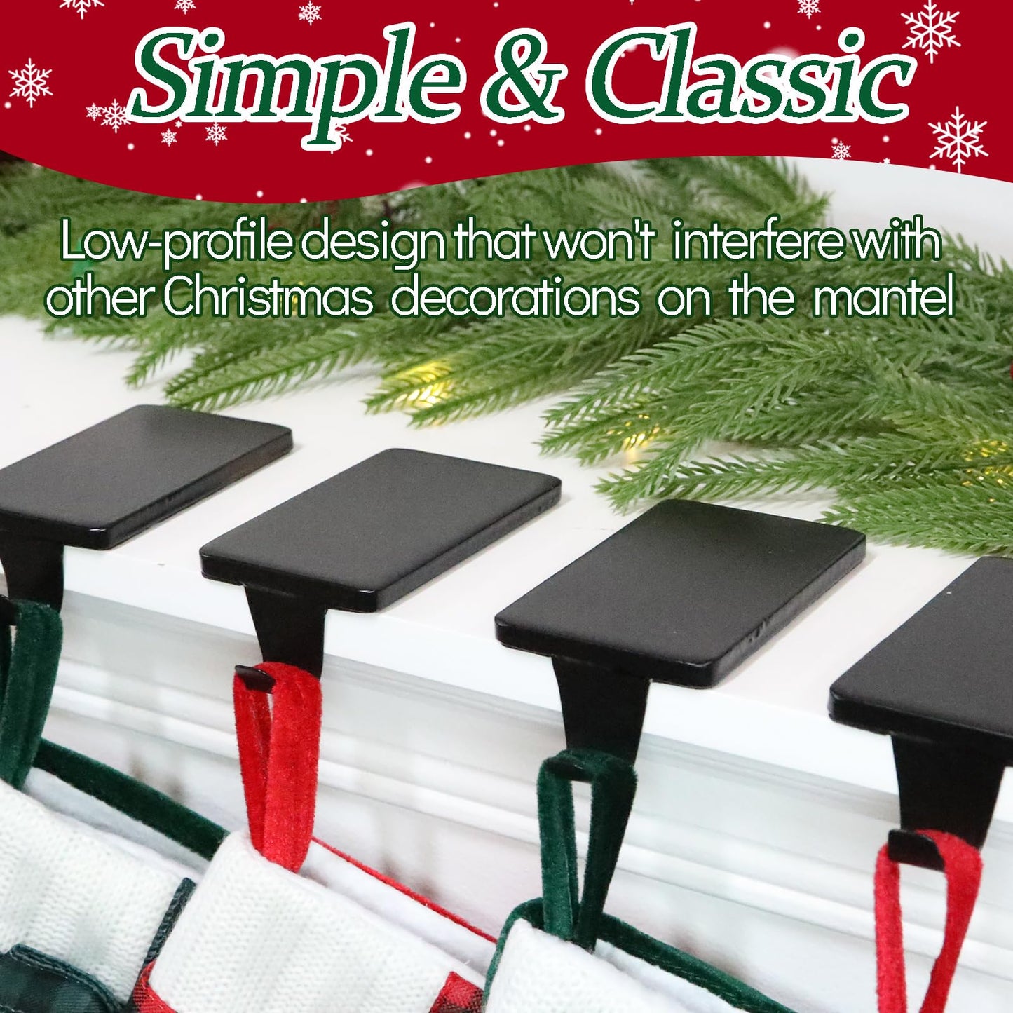 HMASYO Christmas Stocking Holders for Mantle Set of 4, Black Heavy Duty Iron Stocking Hangers Base, Low Profile Weighted Stocking Holder Hooks for Fireplace Tabletop Shelf Christmas Decoration