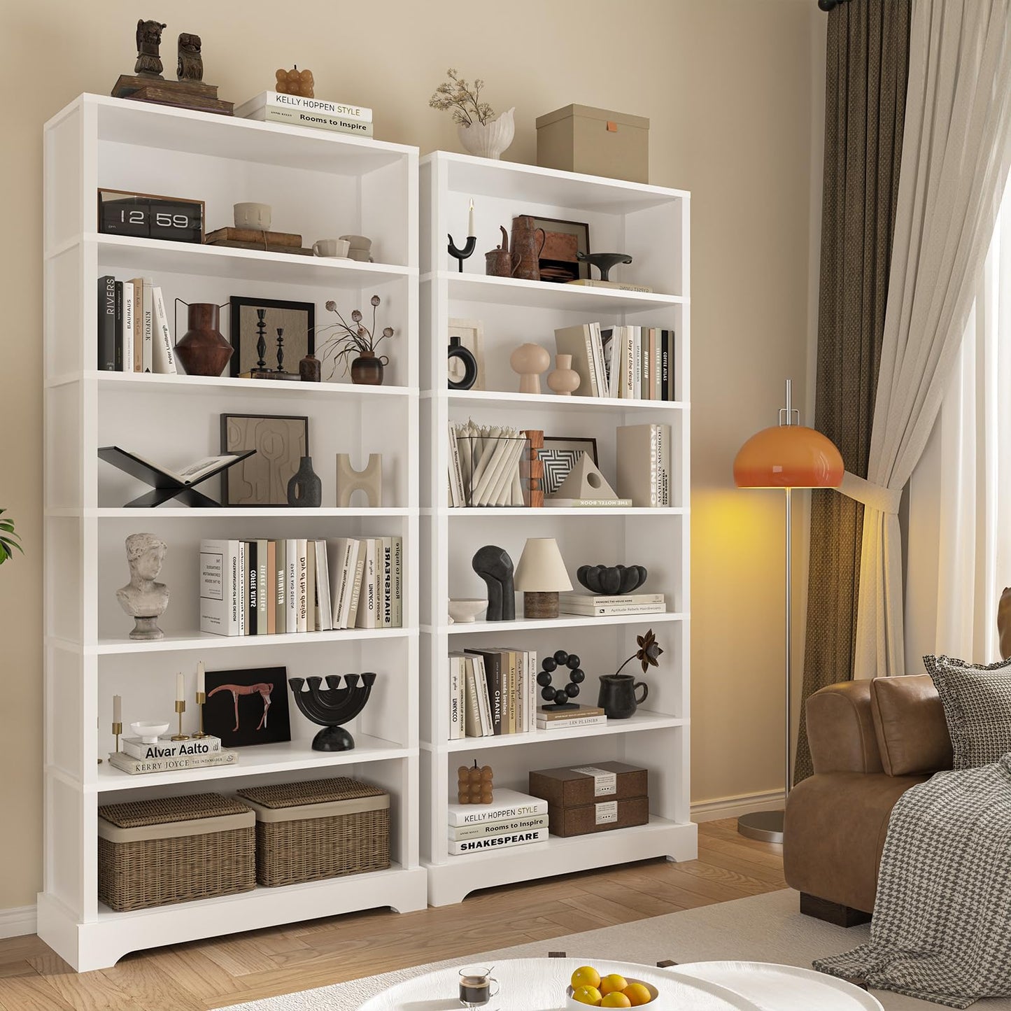 TVU 6-Tier Wooden Bookshelf, 77.2" Tall Farmhouse Style Open Bookcase, 31.5" W Standing Bookshelf with Storage, Suitable for Study, Living Room, Office, White