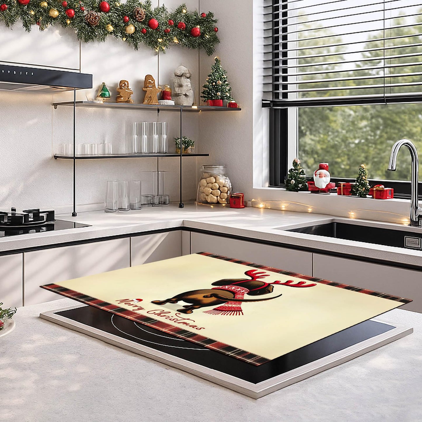 HOMETITUTE Stove Top Covers for Electric Glass Stove 28x20 Inch Christmas Dog Reindeer Design Heat Resistant Cooktop Protector Counter Cover Dish Drying Mat for Kitchen RV Camper