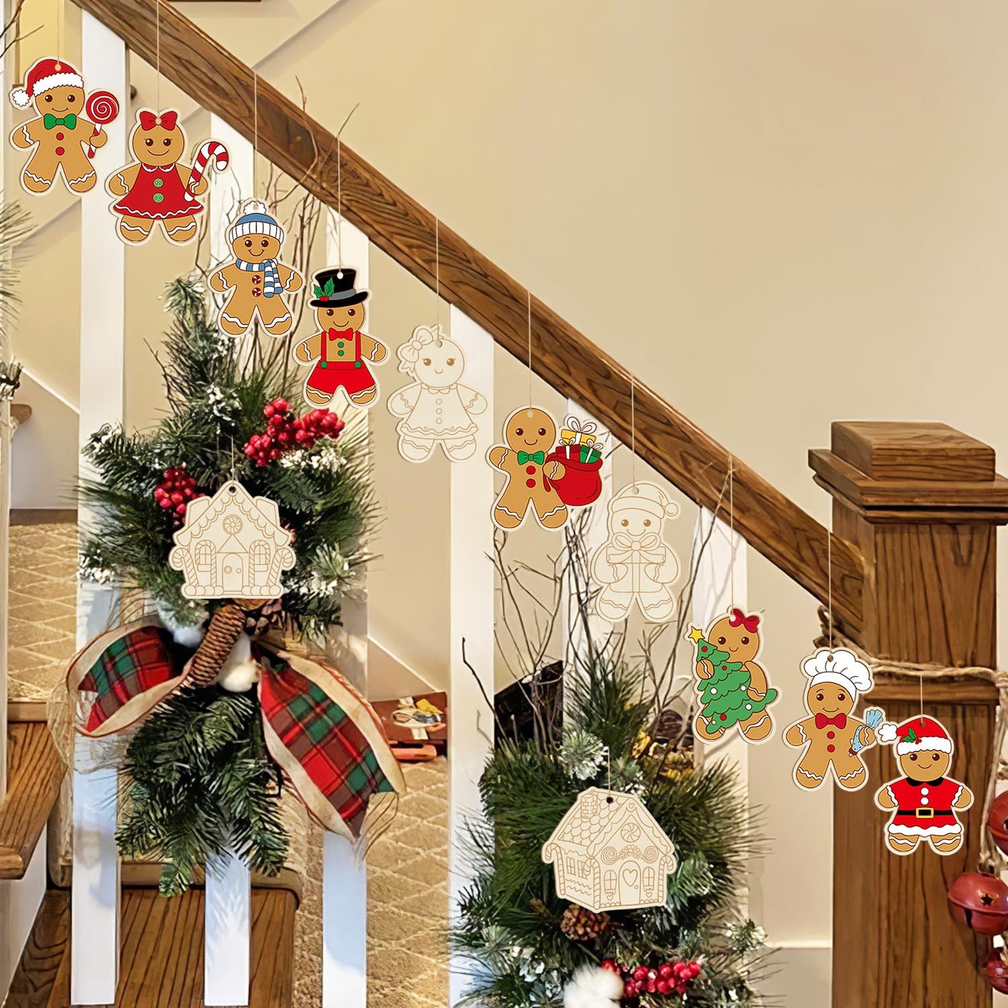 80PCS Wooden Christmas Ornaments to Paint, 8 Styles DIY Blank Unfinished Wood Gingerbread Man Cutouts Ornament for Crafts Winter Hanging Decorations