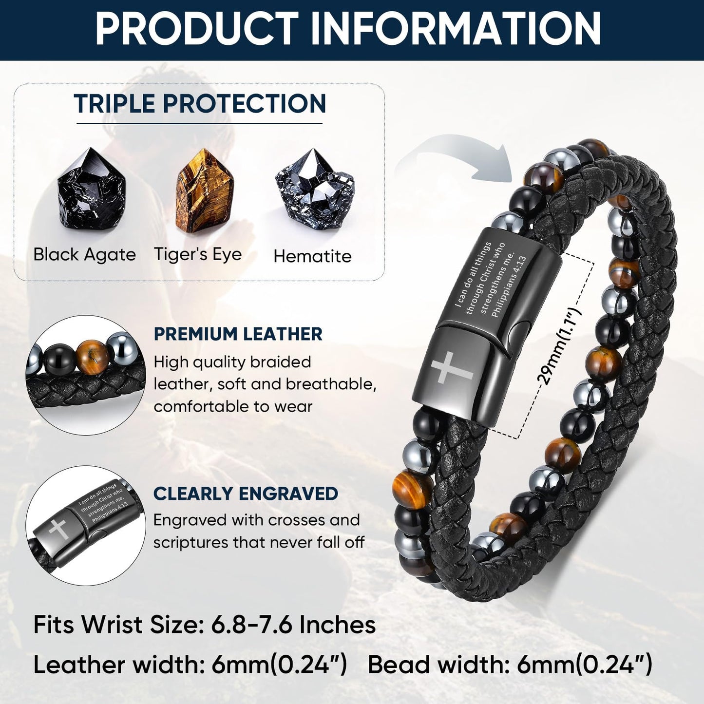 MEALGUET Triple Protection Leather Cross Bracelet : Men's Bible Verse Engraved Tiger's Eye Hematite Onyx Healing Stone Braided Black Cross Bracelets, I Can do All Things Through Christ