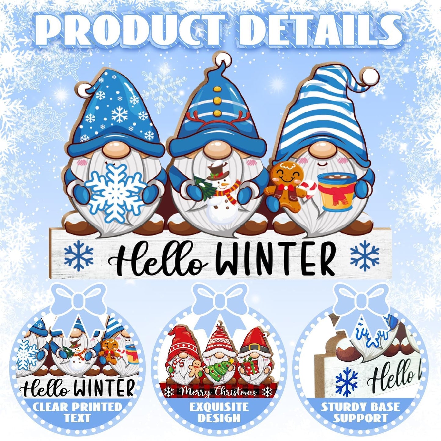 LawnIdyll Winter Christmas Gnome Decoration Reversible Double Side Wooden Tabletop Sign Hello Winter Merry Christmas Table Centerpieces for Holiday Mantle Tiered Tray Shelf Holiday Party Home Decor