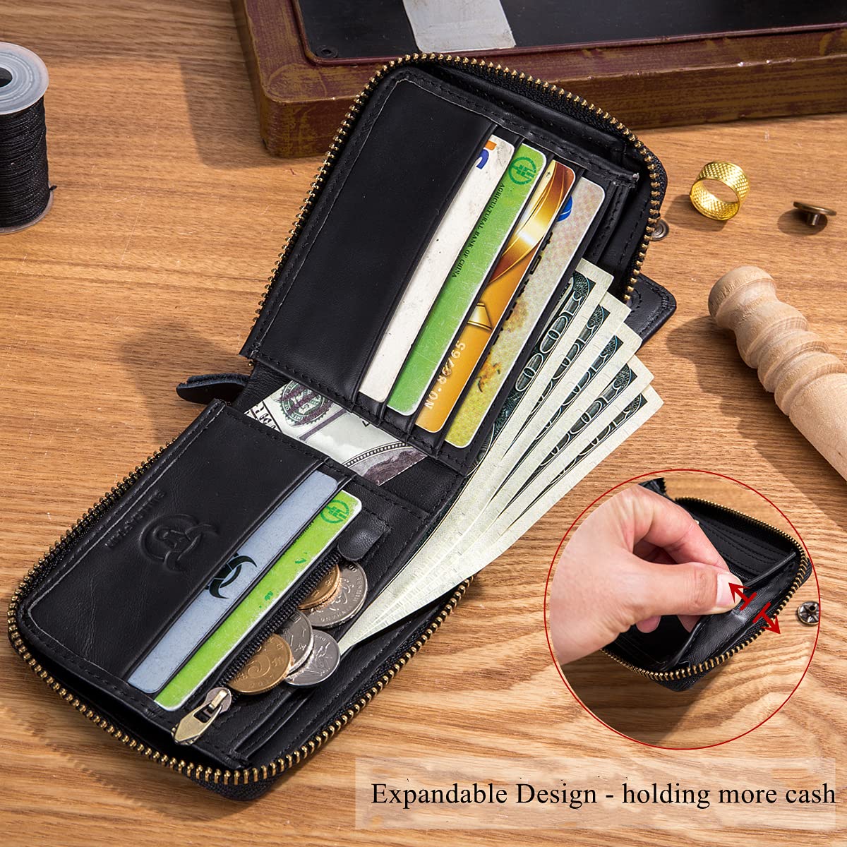 BULLCAPTAIN Genuine Leather Wallet for Men Large Capacity ID Window Card Case with Zip Coin Pocket QB-231 (Black)