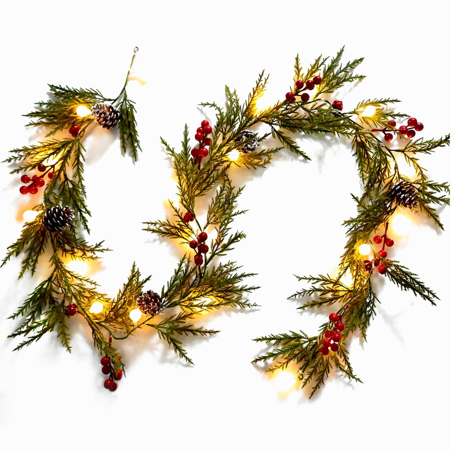 Christmas Garland 6FT 20 LED Bulbs Cypress Pine Garland with Lights Battery Operated with Timer Bells Red Berries Pinecones Green Garlands Decoration for Xmas Holiday Thanksgiving New Year Home Decor