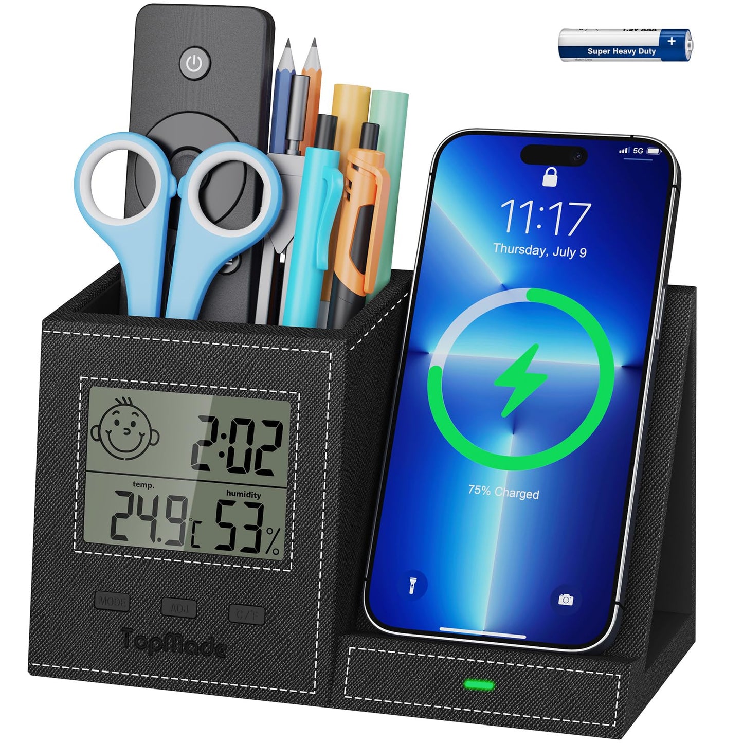 TopMade Wireless Charger with Pen Holder, Leather Desk Nightstand Organizer Home Office Supplies Pencil Holder Fast Charging Station, Digital Thermometer and Humidity Gauge Gifts for Men(Black)