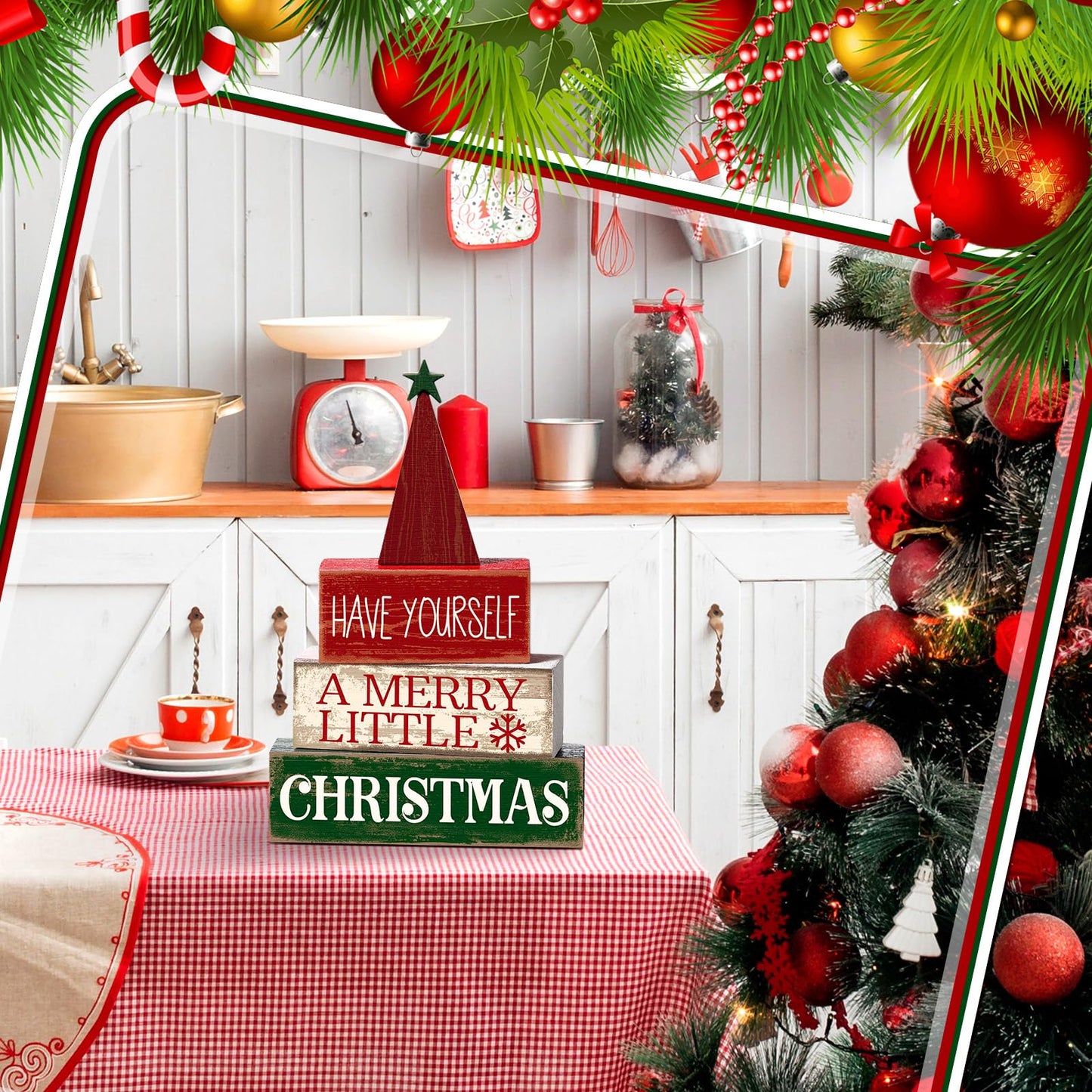 Moucuny 4 Pcs Christmas Decor Wooden Christmas Tree Winter Tiered Tray Decor Xmas Table Centerpiece Rustic Decorative Tree Block Signs Gift Farmhouse Winter Table Decoration for Home Kitchen