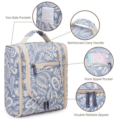 Narwey Small Hanging Toiletry Bag Women Travel Makeup Bag Organizer Toiletries Bag for Travel Size Essentials Accessories Cosmetics (Medium, Blue Leaf)