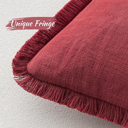 MIULEE Christmas Decorative Throw Pillow Covers Neutral Linen Fringe Throw Pillows Set of 2 Burgundy Boho Farmhouse Cushion Covers with Tassels for Couch Sofa Bed Living Room Home Decor 18x18 Inch