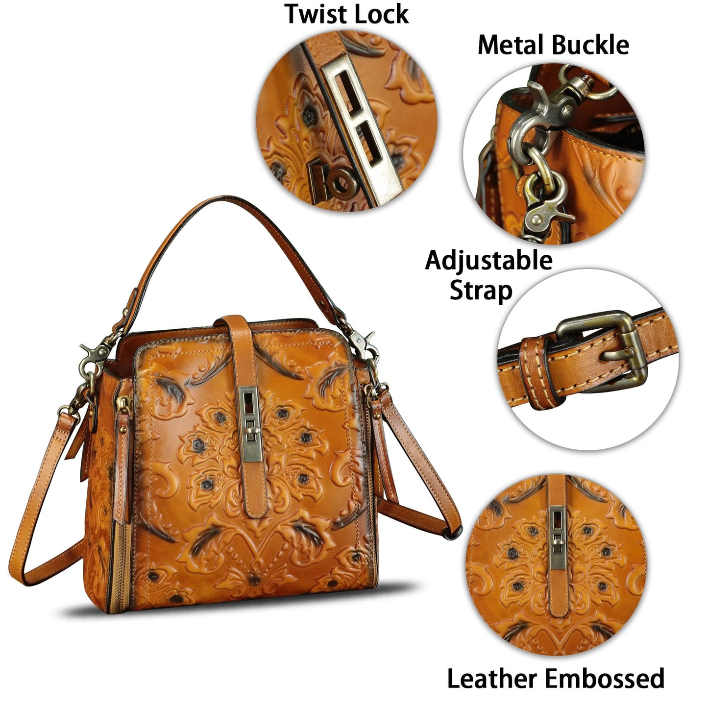 Genuine Leather Purses and Handbags for Women Retro Embossed Crossbody Shoulder Bag Satchel Pouches (Brown)
